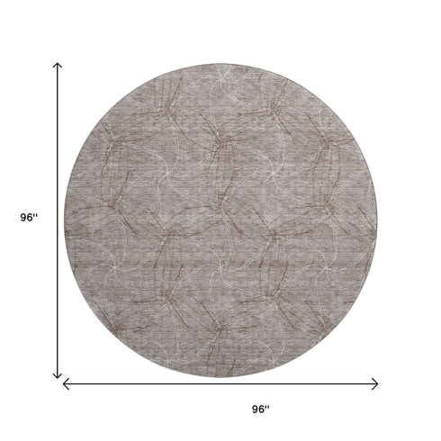 8' Taupe And Ivory Geometric Washable Round Rug With UV Protection