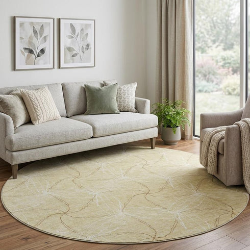 8' Wheat And Ivory Geometric Washable Round Rug With UV Protection