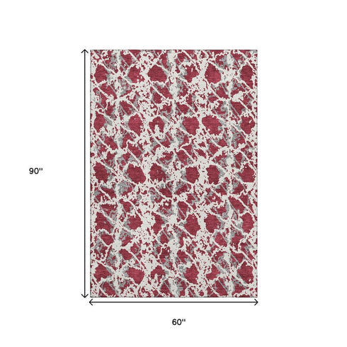 5' X 8' Burgundy Gray And Ivory Abstract Washable Area Rug With UV Protection