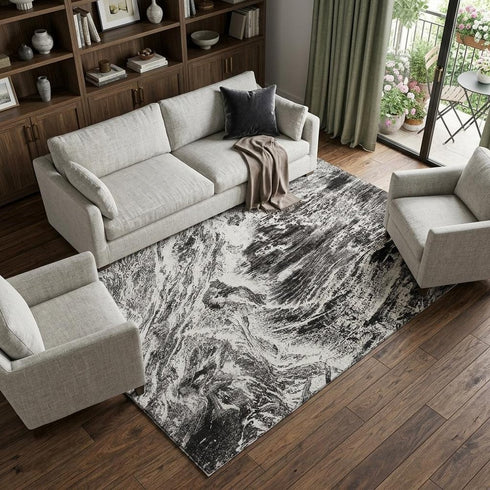 9' X 12' Black And Ivory Abstract Washable Area Rug With UV Protection