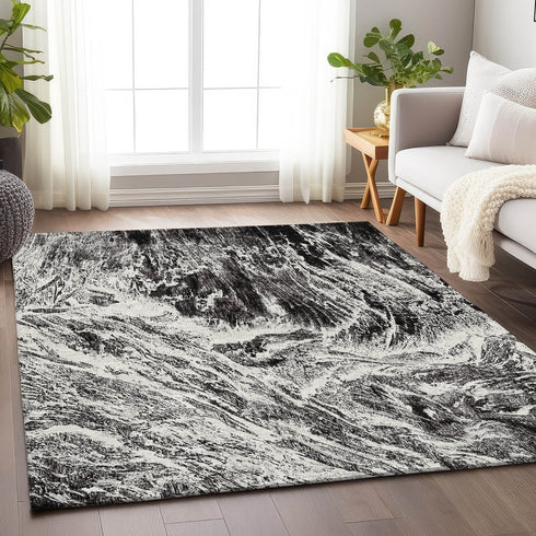 9' X 12' Black And Ivory Abstract Washable Area Rug With UV Protection