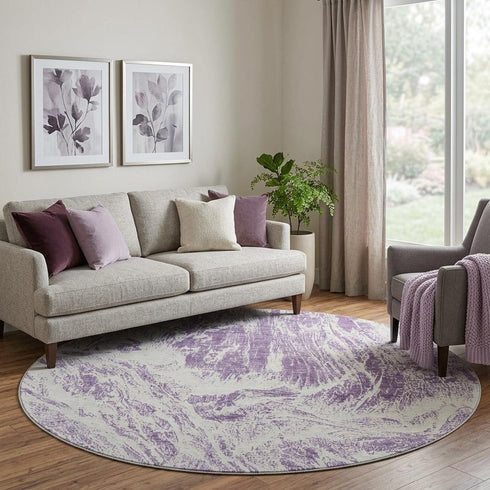 8' Purple And Ivory Abstract Washable Round Rug With UV Protection