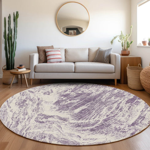 8' Purple And Ivory Abstract Washable Round Rug With UV Protection