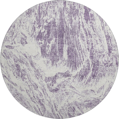 8' Purple And Ivory Abstract Washable Round Rug With UV Protection