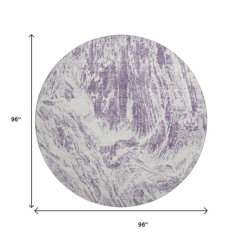 8' Purple And Ivory Abstract Washable Round Rug With UV Protection