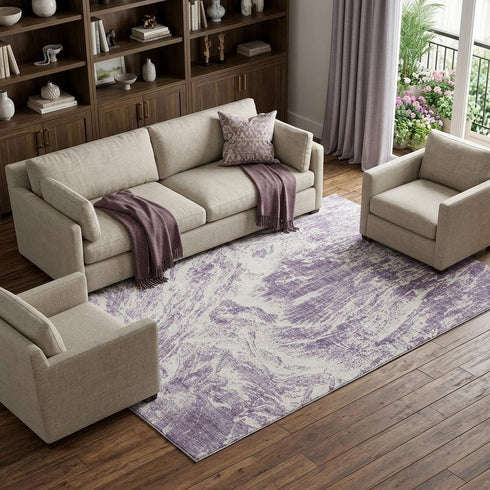 9' X 12' Purple And Ivory Abstract Washable Area Rug With UV Protection