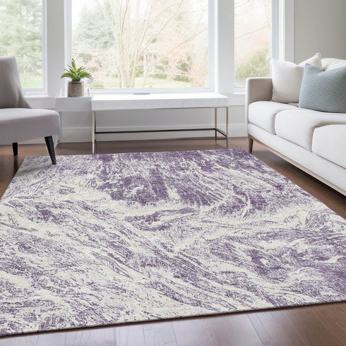 9' X 12' Purple And Ivory Abstract Washable Area Rug With UV Protection
