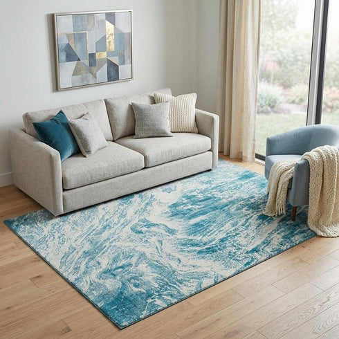 5' X 8' Teal And Ivory Abstract Washable Area Rug With UV Protection