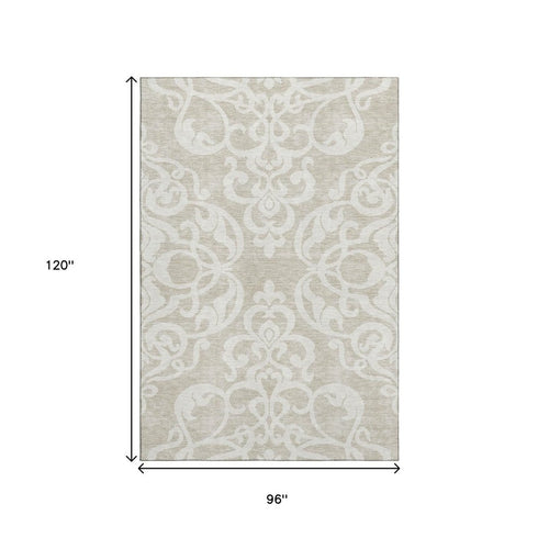 8' X 10' Beige And Ivory Damask Washable Area Rug With UV Protection