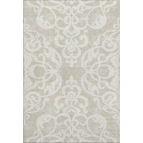8' X 10' Beige And Ivory Damask Washable Area Rug With UV Protection