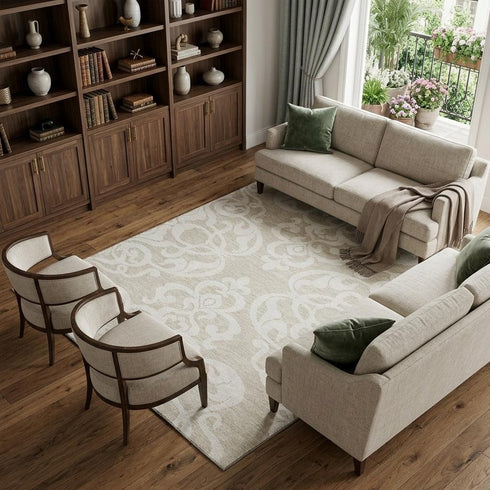 8' X 10' Beige And Ivory Damask Washable Area Rug With UV Protection