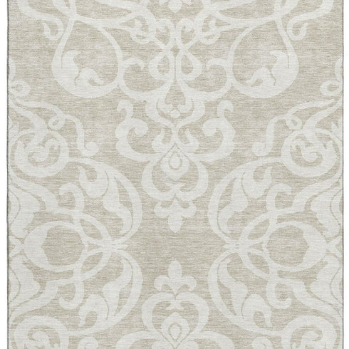 8' X 10' Beige And Ivory Damask Washable Area Rug With UV Protection