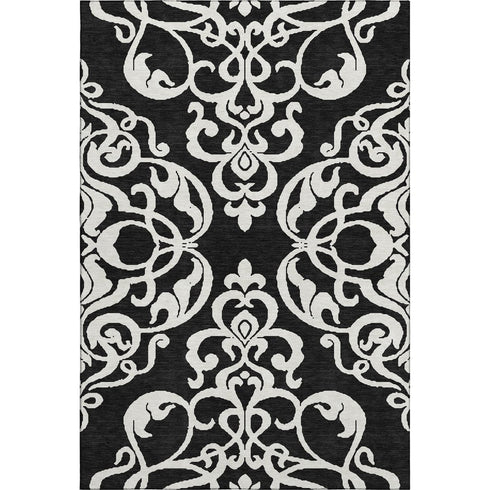 5' X 8' Black And Ivory Damask Washable Area Rug With UV Protection