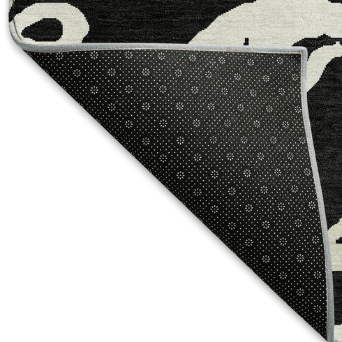 5' X 8' Black And Ivory Damask Washable Area Rug With UV Protection