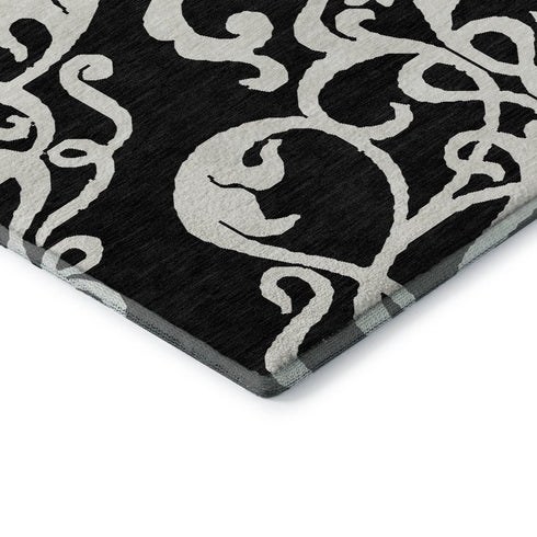 5' X 8' Black And Ivory Damask Washable Area Rug With UV Protection