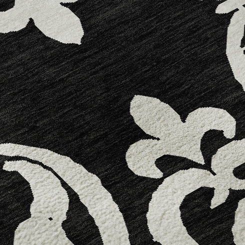 5' X 8' Black And Ivory Damask Washable Area Rug With UV Protection