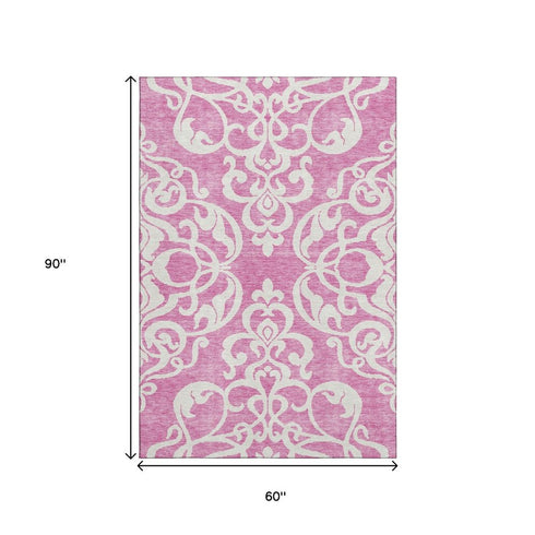 5' X 8' Blush And Ivory Damask Washable Area Rug With UV Protection