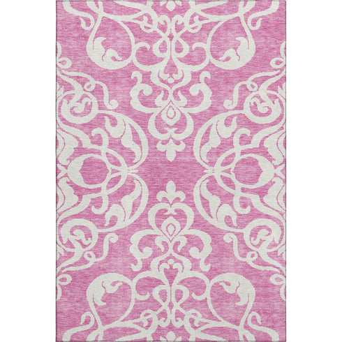 5' X 8' Blush And Ivory Damask Washable Area Rug With UV Protection