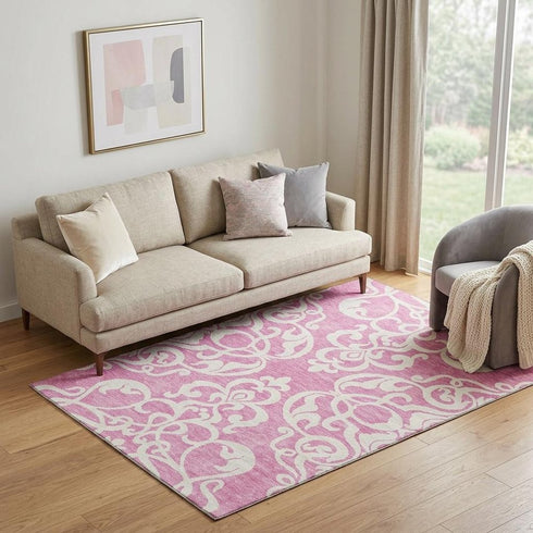 5' X 8' Blush And Ivory Damask Washable Area Rug With UV Protection
