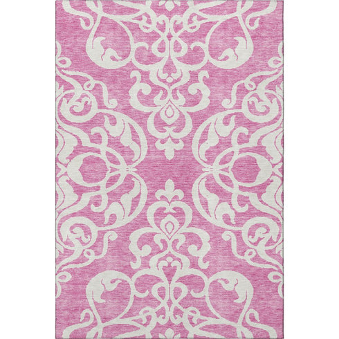 5' X 8' Blush And Ivory Damask Washable Area Rug With UV Protection