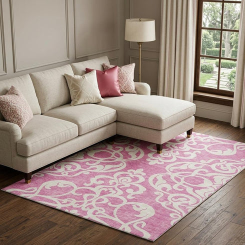 8' X 10' Blush And Ivory Damask Washable Area Rug With UV Protection