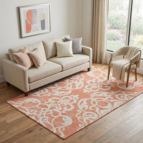 5' X 8' Coral And Ivory Damask Washable Area Rug With UV Protection
