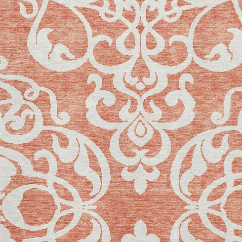 5' X 8' Coral And Ivory Damask Washable Area Rug With UV Protection