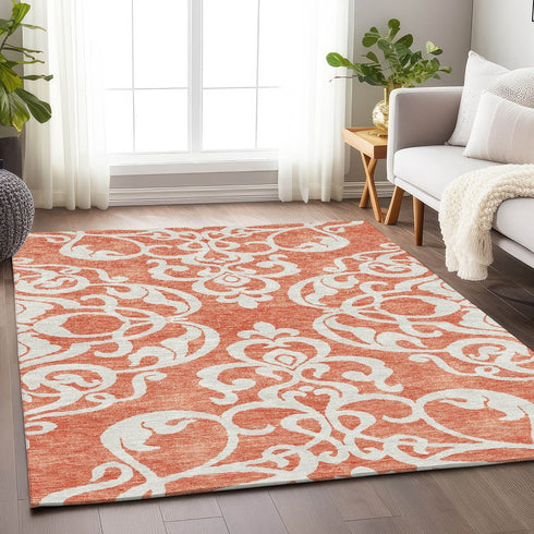 9' X 12' Coral And Ivory Damask Washable Area Rug With UV Protection