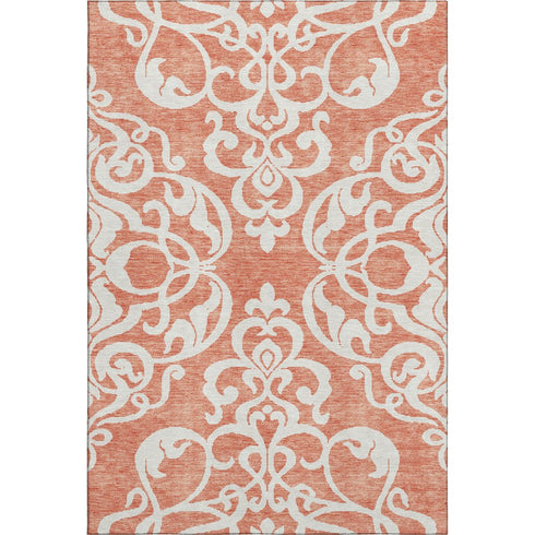 9' X 12' Coral And Ivory Damask Washable Area Rug With UV Protection
