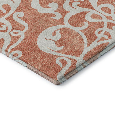 9' X 12' Coral And Ivory Damask Washable Area Rug With UV Protection