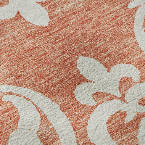 9' X 12' Coral And Ivory Damask Washable Area Rug With UV Protection