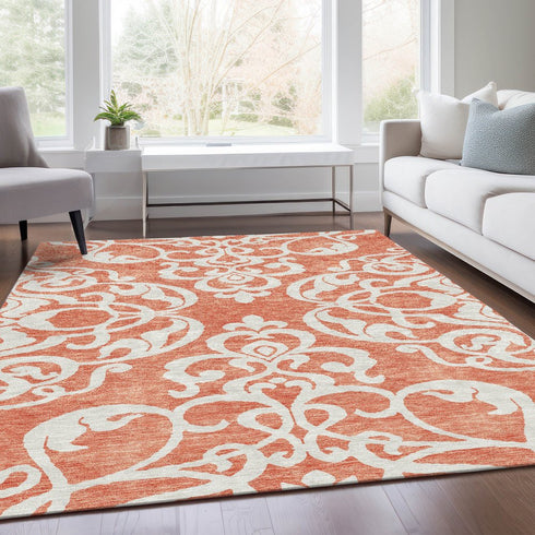 9' X 12' Coral And Ivory Damask Washable Area Rug With UV Protection