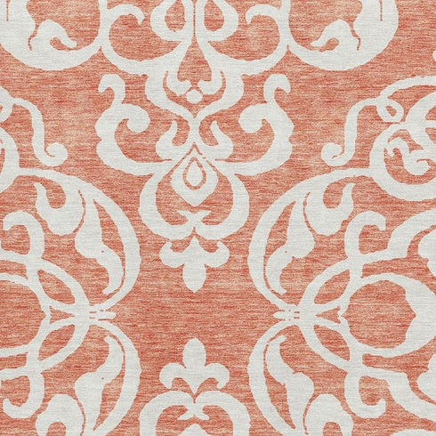 9' X 12' Coral And Ivory Damask Washable Area Rug With UV Protection