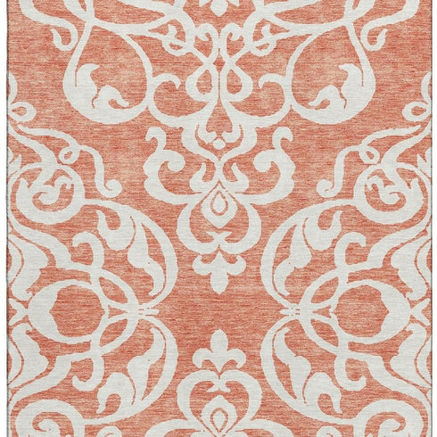 9' X 12' Coral And Ivory Damask Washable Area Rug With UV Protection