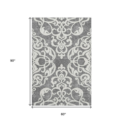 5' X 8' Gray And Ivory Damask Washable Area Rug With UV Protection