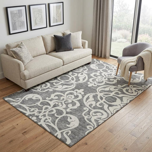 5' X 8' Gray And Ivory Damask Washable Area Rug With UV Protection