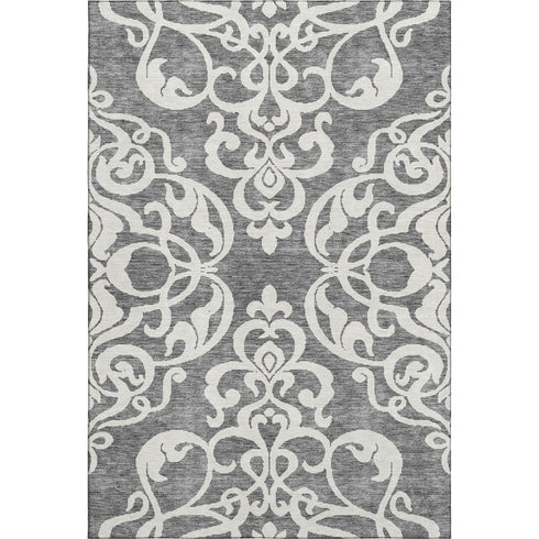 5' X 8' Gray And Ivory Damask Washable Area Rug With UV Protection