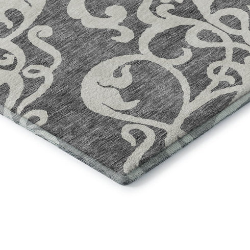 5' X 8' Gray And Ivory Damask Washable Area Rug With UV Protection