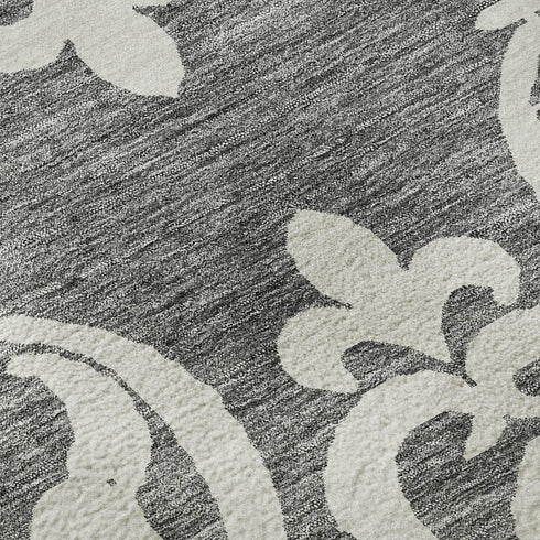 5' X 8' Gray And Ivory Damask Washable Area Rug With UV Protection