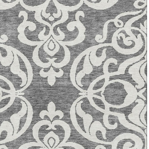5' X 8' Gray And Ivory Damask Washable Area Rug With UV Protection