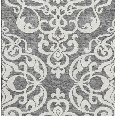 5' X 8' Gray And Ivory Damask Washable Area Rug With UV Protection