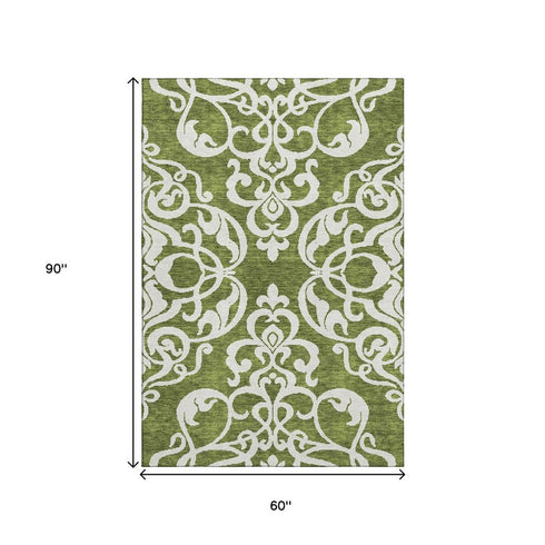 5' X 8' Green And Ivory Damask Washable Area Rug With UV Protection
