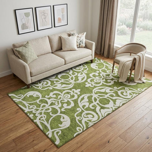 5' X 8' Green And Ivory Damask Washable Area Rug With UV Protection