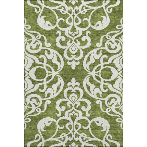 5' X 8' Green And Ivory Damask Washable Area Rug With UV Protection