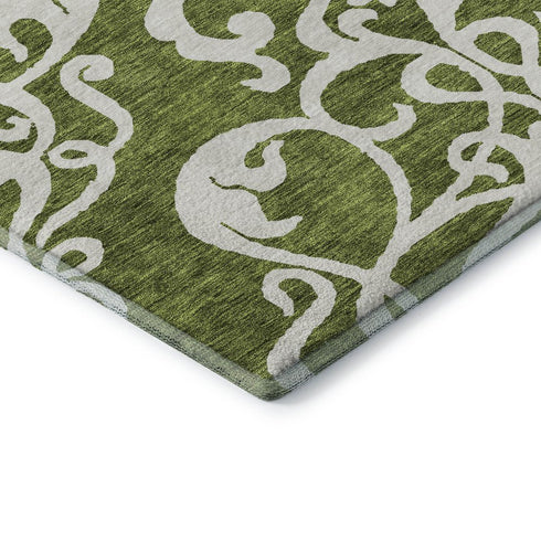 5' X 8' Green And Ivory Damask Washable Area Rug With UV Protection