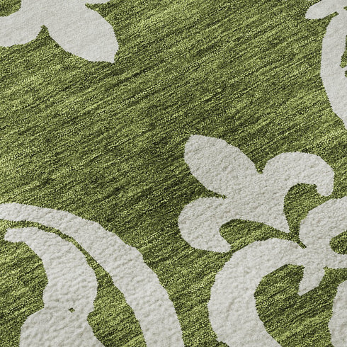 5' X 8' Green And Ivory Damask Washable Area Rug With UV Protection