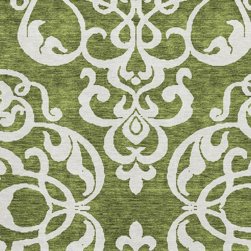 5' X 8' Green And Ivory Damask Washable Area Rug With UV Protection