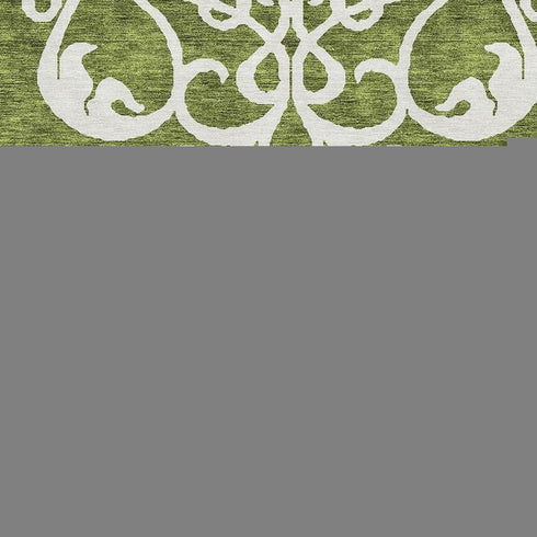 5' X 8' Green And Ivory Damask Washable Area Rug With UV Protection