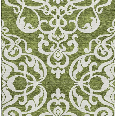 5' X 8' Green And Ivory Damask Washable Area Rug With UV Protection