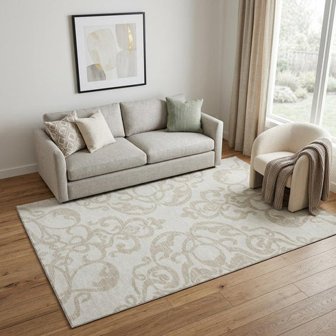 5' X 8' Ivory And Beige Damask Washable Area Rug With UV Protection